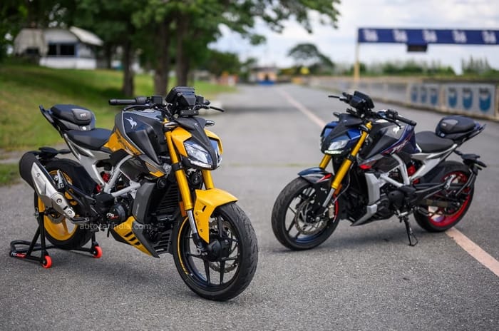 TVS Apache RTR 310 front static shot on track two bikes